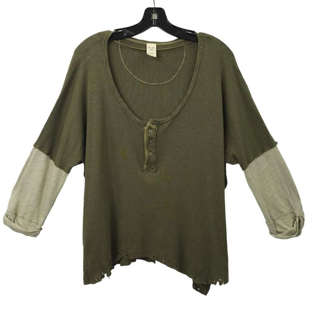Free People We The Free Henley Top Womens XS Distressed 3/4 Sleeve Linen Blend